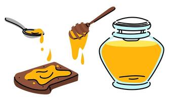jar of honey is poured onto the bread with spoons. Drops of honey are dripping. Transparent flat illustration for storing honey. Packaging design in a glass jar. illustration isolated vector