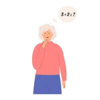Elderly woman experiencing memory loss and cognitive difficulties, struggling to solve a simple math equation. Alzheimer disease and dementia concept. Flat Style isolated Illustration on white. vector