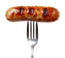 Grilled sausage on a fork, isolated on transparent background png
