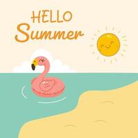 Hello summer beach scene with sun and pink flamingo float vector