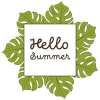 Square summer frame with tropical leaves and hello text vector
