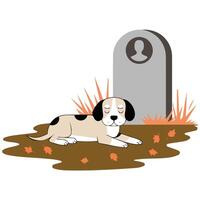 Dog lying sadly at burial site isolated illustration on white background vector
