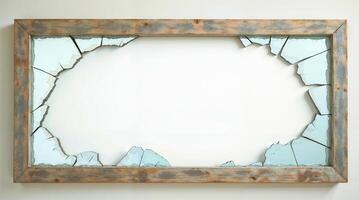 Old wood frame with broken cracked mirror shard edges photo