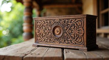 Carved wooden box with floral design on rustic table photo