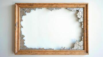 Old wooden frame with broken cracked inner edges empty photo