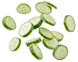Fresh cucumber slices floating in the air against a transparent background for food and healthy recipe ads png