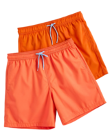Two pairs of bright orange swim trunks with light blue drawstrings on a plain transparent background studio shot png