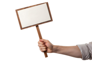 A person holding up a blank sign with a wooden frame against a studio background space for text png