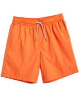 Isolated orange swim trunks with a white drawstring on a solid transparent background for summer apparel png