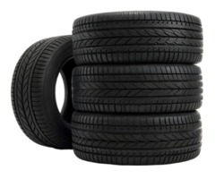 Stack of new car tires isolated on transparent background showing tread pattern and rubber texture png
