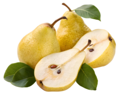 A group of yellow pears with green leaves and a sliced pear on a transparent background close up view png