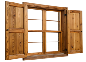 Rustic wooden window with open shutters showing the window frame and dark interior space inside home png