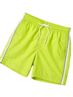 Isolated pair of neon green swim trunks with white drawstring and side stripe on transparent background png