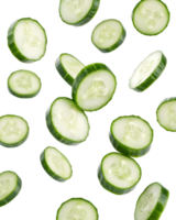 Cucumber slices floating in the air on a transparent background creating a fresh and vibrant pattern png