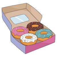 Colorful donuts in open box isolated illustration on white background vector
