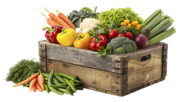 A rustic wooden crate overflowing with fresh vegetables and herbs on a transparent background png