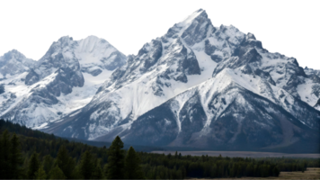 Snowy mountain range with a forest in the foreground creating a scenic landscape view png