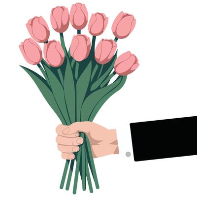 arm holding bouquet pink tulips isolated illustration on white background