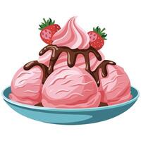 Pink strawberry ice cream sundae with chocolate drizzle isolated illustration on white background vector