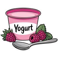 Pink raspberry yogurt cup with spoon isolated illustration on white background vector