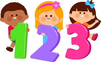Boys and girls holding numbers 123. Children playing with numbers in math class in kindergarten. Small funny children hold numbers from 1 to 3 in their hands. vector