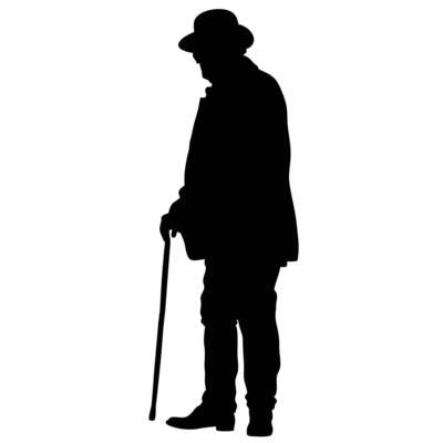 Silhouette Of Elderly Man With Hat And Walking Stick In Black And White