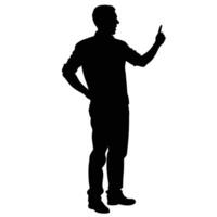 Silhouette Of Standing Man Pointing Upward Explaining With Hand On Hip vector