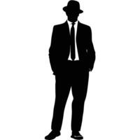 Silhouette Of Man In Suit And Hat Standing With Hands In Pockets vector