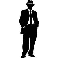 Silhouette Of A Man In Suit And Fedora Standing With Hands In Pockets vector
