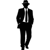Silhouette Of A Man In Suit And Hat Walking Towards The Viewer vector