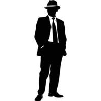 Silhouette Of A Man In A Suit And Hat Posing In Black Color vector