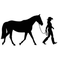 Silhouette Of Woman Walking Horse Equestrian Theme Isolated On White Background vector
