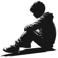 Silhouette Of Boy Sitting Alone With Hoodie In A Depressed Mood vector