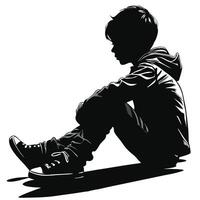 Silhouette Illustration Of A Boy Sitting Down Wearing Hoodie And Sneakers vector