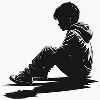 Silhouette Of A Pensive Boy Sitting Down With Hoodie And Sneakers vector