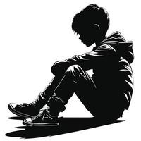 Silhouette Of A Boy Sitting Alone Feeling Sad And Depressed In Black And White vector