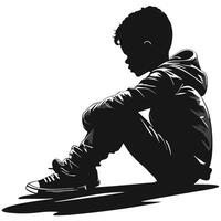 Silhouette Illustration Of Pensive Boy Sitting Down Wearing Hoodie And Sneakers vector