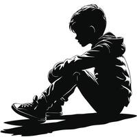 Silhouette Of A Sad Boy Sitting Alone With His Thoughts Deeply vector