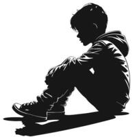 Silhouette Illustration Of A Boy Sitting With Hoodie And Sneakers In Melancholy vector