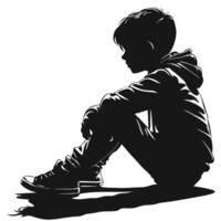 Silhouette Of A Boy Sitting In A Hooded Sweatshirt Depicting Solitude And Reflection vector