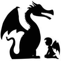 Dragon And Fairy Silhouette Image With Mythical Creature And Winged Child Design vector