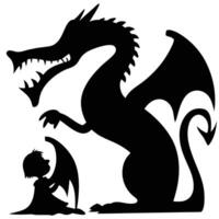 Silhouette Illustration Of Dragon And Winged Fairy In Fantasy Setting vector