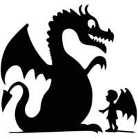 Silhouette Illustration Of A Dragon And Small Winged Child Standing Together vector