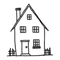 Hand Drawn House Illustration Simple Outline Building With Fence And Chimney vector