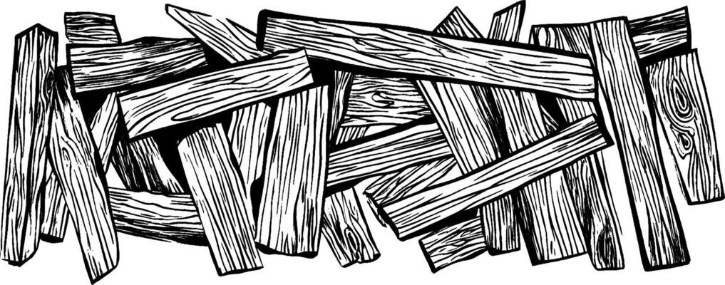 Vintage woodcut illustration showcasing splintered wood arranged in a chaotic pattern