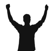 Silhouette Of A Man Celebrating Success With Raised Fists On White Background vector