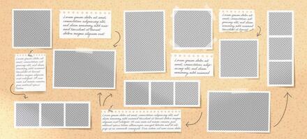 Photo frame collage with paper note and arrow element. Retro scrapbook design with image layout, featuring a board background and square shape. vector
