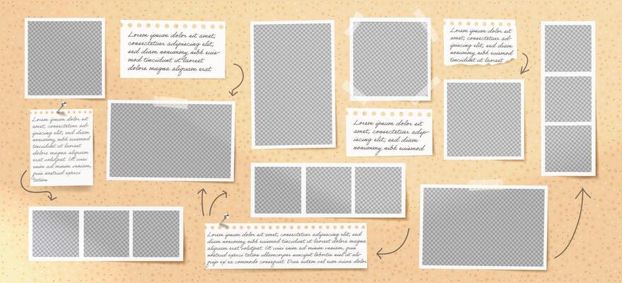 Photo frame collage with paper note and arrow element. Retro scrapbook design with image layout, featuring a board background and square shape.