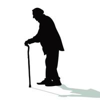 Silhouette Of Senior Man Walking With Cane On White Background Image vector