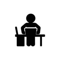 Black Silhouette Of Person Sitting At Desk With Computer Chair Icon vector